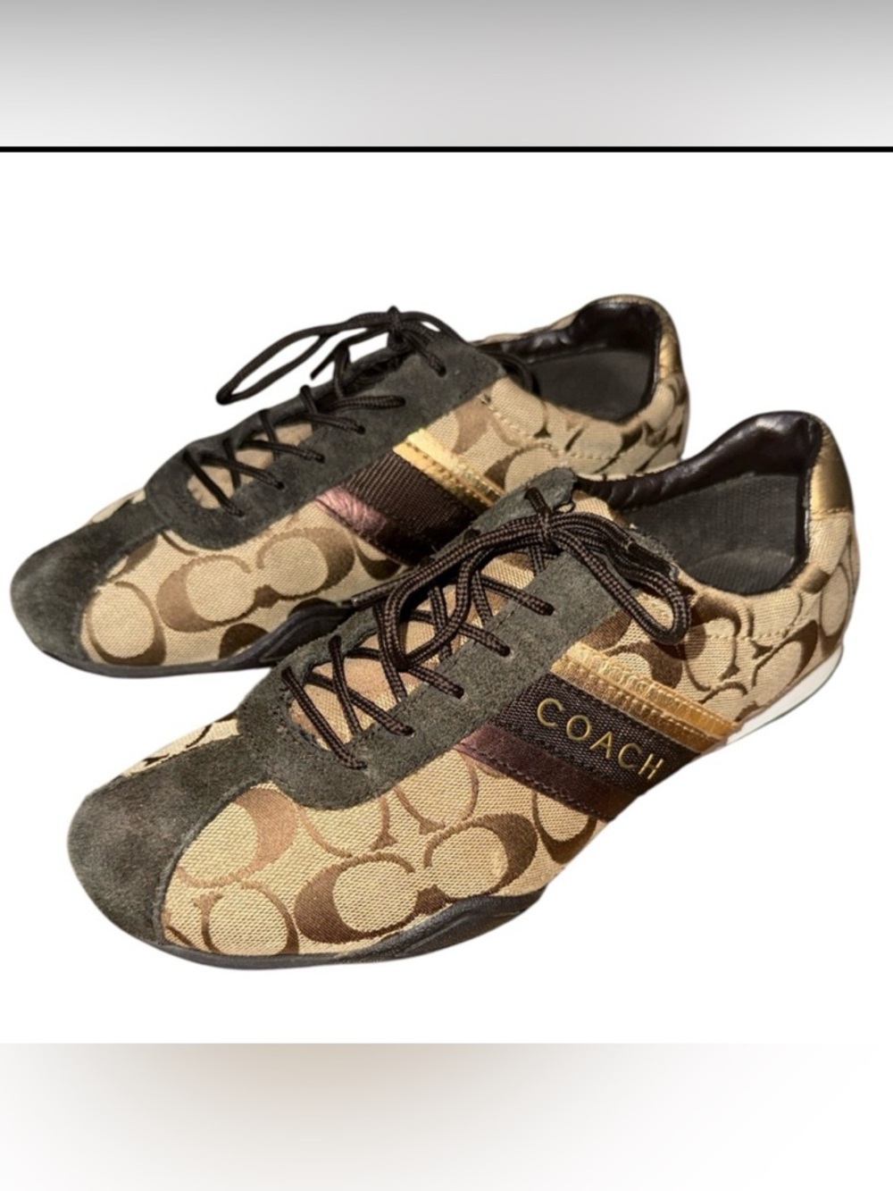 •COACH•BROWN & TAN JAYME SIGNATURE CANVAS AND BROWN SUEDE TRIM SNEAKERS SIZE 9